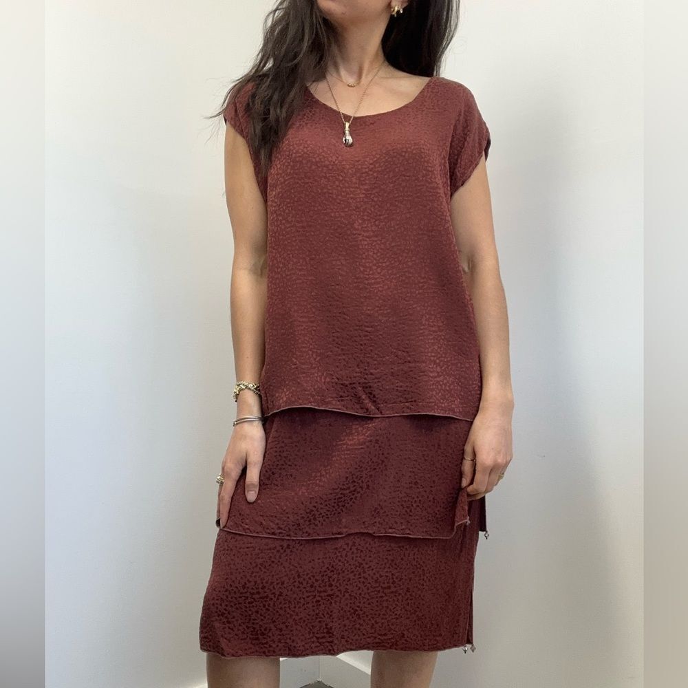 Vintage 90's Animal Print Burgundy 100% Silk Tiered Short Sleeve Dress Size L
